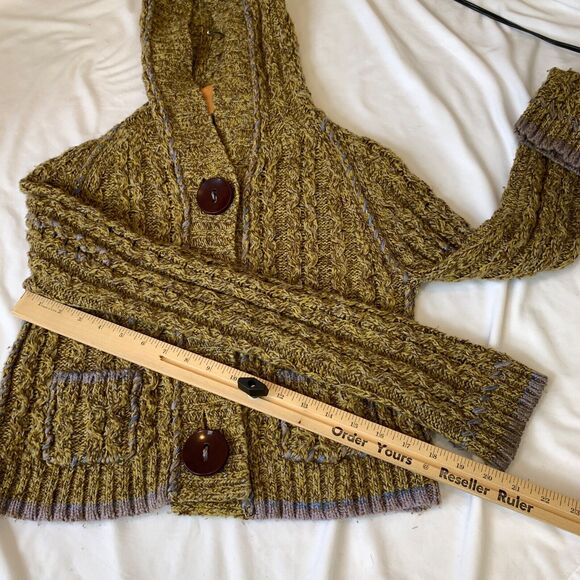 Vtg Free People Chunky Hooded Cable Knit Cardigan Sweater Wool S Green Brown - Picture 8 of 8
